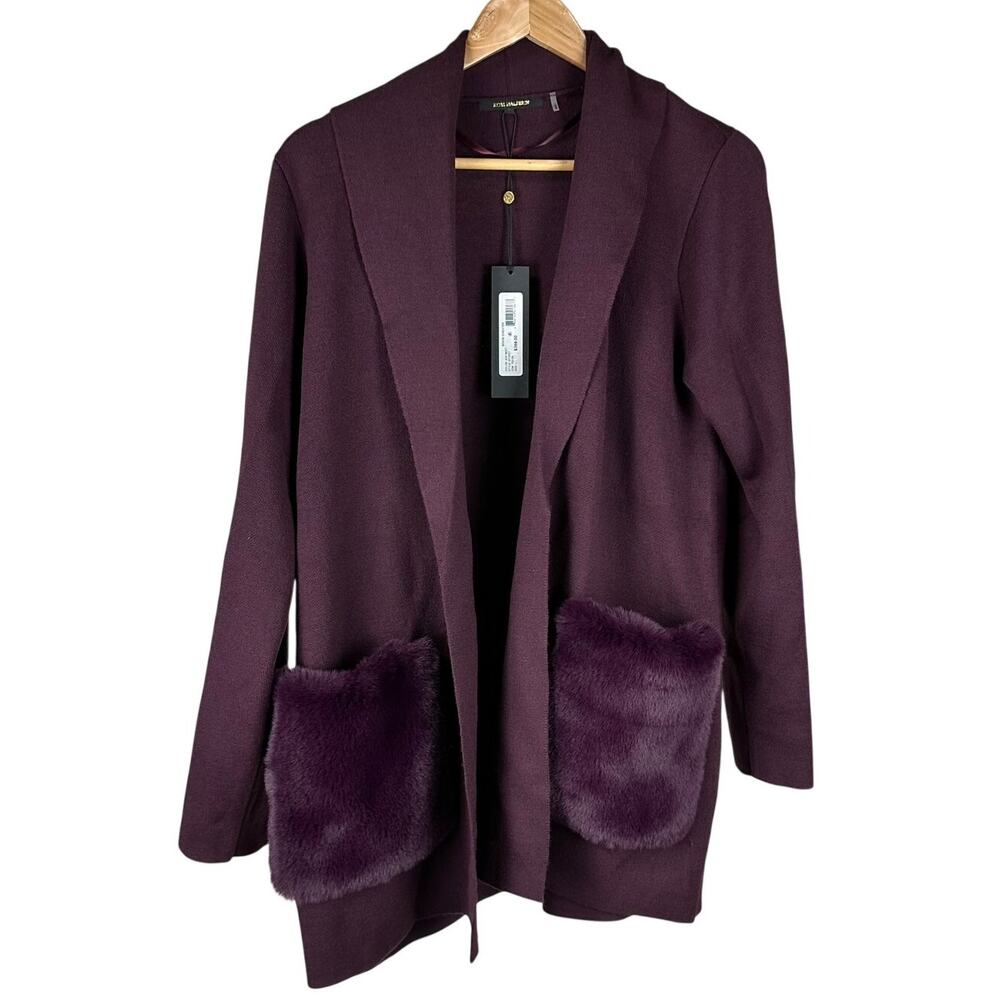 Kobi Halperin Fur Pocket Bowie Shawl Cardigan Sweater Maroon Women's Large NWT